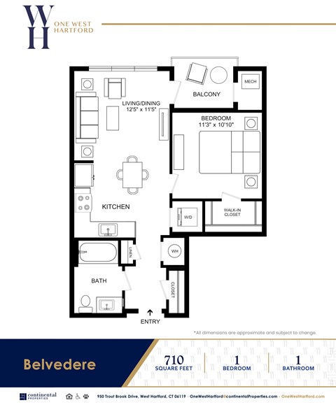 Floor plan for 1 bed, 1 bath, 710 sqft